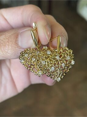 Gold Filigree Heart Drop Earrings with Clear Stones